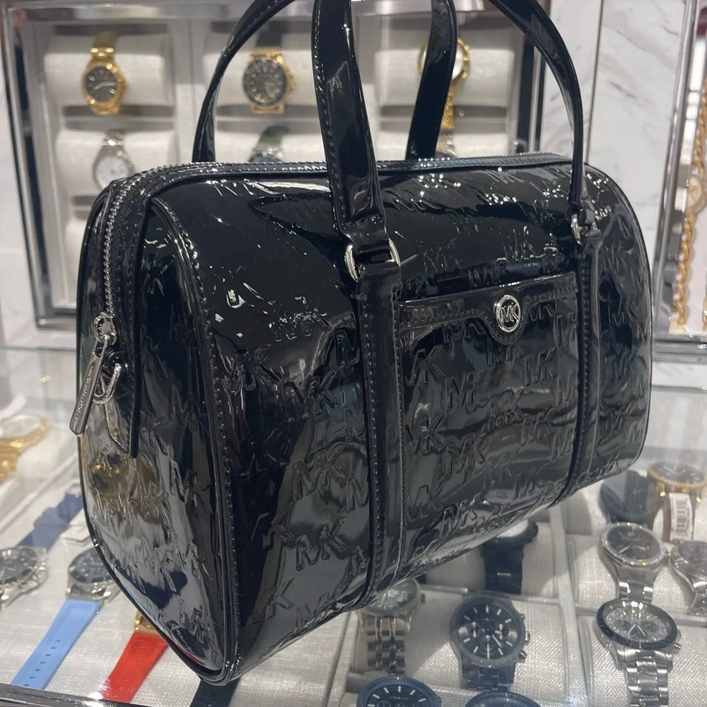 MICHAEL KORS Jet Set Medium Patent Logo Debossed Duffel Crossbody Bag Silver NWT